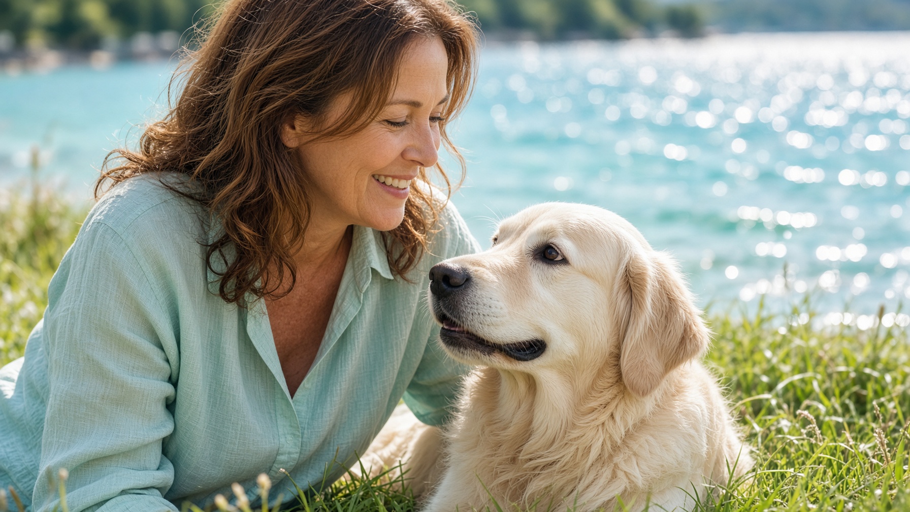 Woman and golden retriever in sparkling light